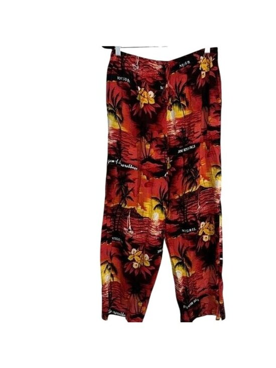 Dunns River Falls Pants - Hawaiian Sunset Print Drawstring Capri Pants Vibrant Red & Yellow Tropical Desi